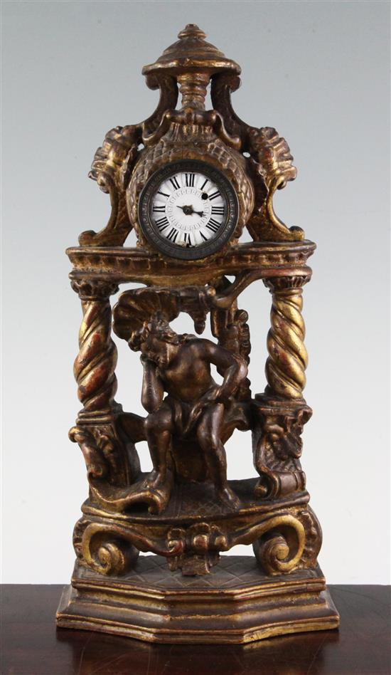 An 18th century Continental carved giltwood mantel timepiece, 15in.